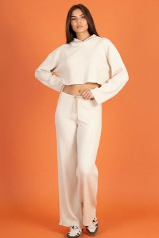 Soft&Basic Kadın Eşofman Takımı Kapüşonlu Sweatshirt Ve Geniş Paça Bej Pantolon Eşofman Bej