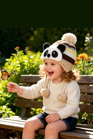 Bay Şapkacı - Sevimli Panda Tasarımlı Unisex Çocuk Kışlık Bere - 5900 Bej