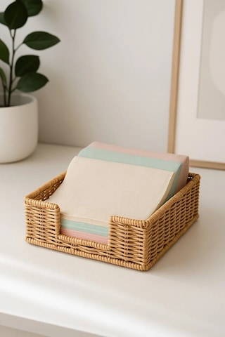 Hasır Rattan Peçetelik Saklama Kutusu Organizer Kare 18cm