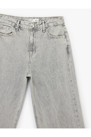 Koton Normal Bel Taş Detaylı Pamuklu Geniş Paça Denim Pantolon - Wide Leg Jean Gri 6sal40006md Gri
