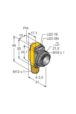 Turck Lop3.5m-bt18-vp6x2-h1141 Fotoelektrik Sensör , Polarize Reflektörlü, Silindirik/kübik Gövde, 3.5m Algılama Pnp, M12 Konnektörlü
