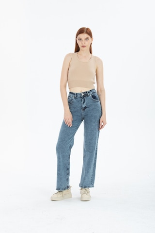 Gri Likralı Süper Yüksek Bel Wide Leg Salaş Jeans Palazzo Pantolon
