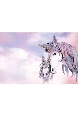 Pembe Bulutlar Üzerinde Unicorn Çocuk Odası Duvar Kağıdı