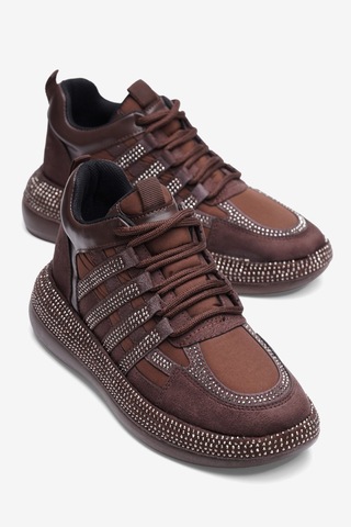 Mubiano Kadın Paraşüt Sneaker Süet Detaylı Taşlı Günlük Spor Ayakkabı Vona Kahverengi