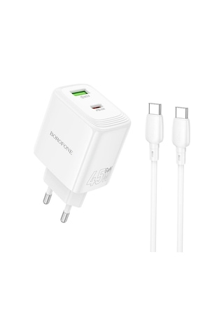 Borofone Bn30 Fuente Pd45w Tip-c + Qc 3.0 Usb Şarj Cihazı 1m Tip-c Tip-c Kablosu, Ab Fişi Beyaz Beyaz