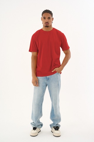 Dechers Erkek %100 Organik Pamuklu Yumuşak Dokulu Comfort Fit Bisiklet Yakalı T-shirt E222 Kırmızı