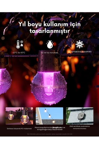 Dış Mekan Işık Zinciri E10, 30 Smart Rgbww Led, Ip65 Su Geçirmez, Aı Kontrolü Çok Renkli