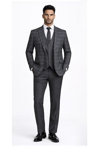 Fabio Cassel Slim Fit Mono Yaka Çift Yırtmaçlı Astarlı Takım Elbise Yelekli Gri