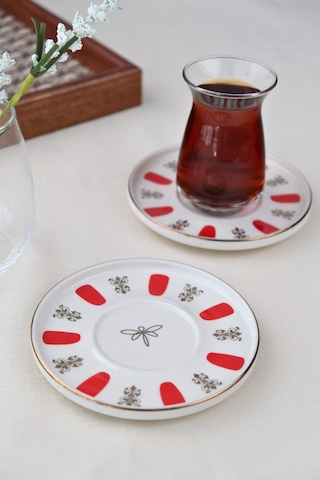 Tabak Evi Porselen Acem Zade Kırmızı Çay Tabağı 12,5cm 2 Li Çok Renkli