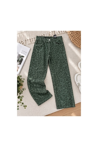 Uğur Bebe Kız Çocuk Yeşil Leopar Desenli Geniş Paça Kot Pantolon Ayarlanabilir Bel, Modern Bol Paça, Şık Günlük Kanvas Pantolon Yeşil Yeşil