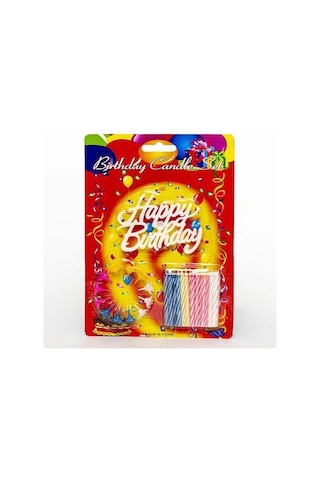 Rengarenk Mumlu Beyaz Happy Birthday Yazılı Doğum Günü Mumu 12 Adet - Pasta Mumu - Pakette 12 Adet