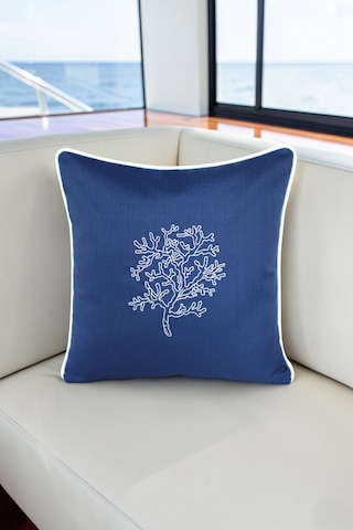 Kırlent Kılıfı 45x45 Marin Nakışlı Yosun Desen Su İtici Outdoor Keten Beyaz Biyeli Tekne Bahçe Lacivert