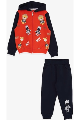 Erkek Bebek Çocuk Pamuklu Hayvanlar Alemi Baskılı Kapüşonlu Eşofman Takım-13389-turuncu Turuncu
