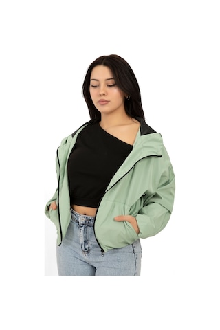 Kadın Su Yeşili Kapüşonlu Su Ve Rüzgar Geçirmez Cepli İçi Astarlı Oversize Yağmurluk Su Yeşili
