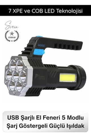 Fener Usb Şarjlı El Feneri 7 Xpe Cob Led 5 Modlu Şarj Göstergeli Güçlü Işıldak Abs Gövdeli Taşınabi Çok Renkli