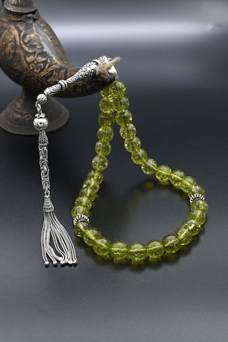 33'lük Doğal Peridot Taşlı Tesbih 925 Ayar Gümüş Püsküllü 10mm Küre Kesim