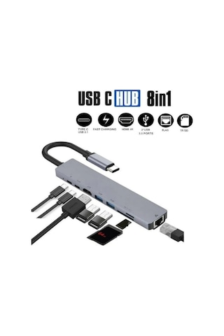 8 in 1 Ethernet SD - USB Type-C - Hub - HDMI Girişli Apple Uyumlu MacBook Çevirici