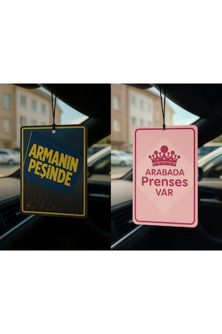 Sarı Lacivert Armanın Peşinde Ve Arabada Prenses Var - İkili Oto Kokusu - Dekoratif Araç Kokusu Ve Aksesuarı