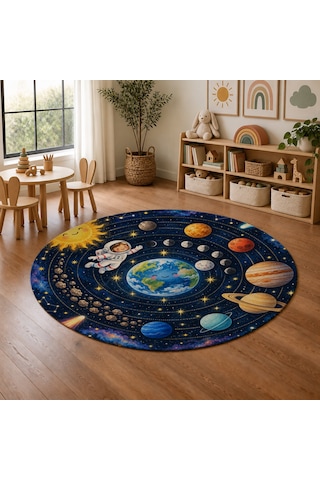 Kartela Halı Uzay Yörüngesi Yuvarlak Çocuk Oyun Halısı Kaymaz Dot Taban Yıkanabilir 120 Cm Çap