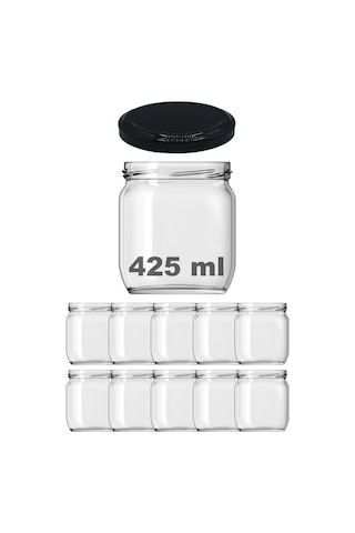 Afracam Metal Kapaklı Şeffaf Cam Kavanoz 10 Adet Siyah 425 ML