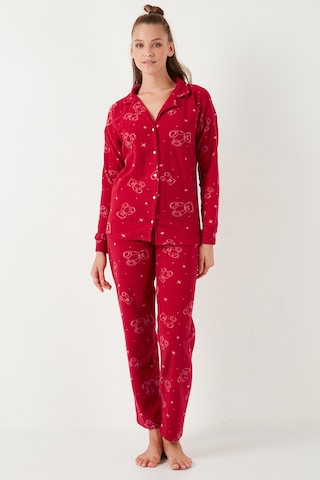 Lela Standart Fit Düğmeli Polarlı Bayan Pijama Takımı 6095616 Kırmızı