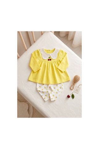 Deniva Kids Kız Bebek & Çocuk Dantel/örgü Bebe Yaka Kiraz Nakışlı Tunik Ve Ribana Çiçek/kiraz Desenli Tayt 2'li Alt Üst Takım Sarı