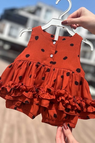 Bertuğ Bebek Puantiyeli Kiremit Renk Alt Üst Kız Çocuk Bebek Takım 001