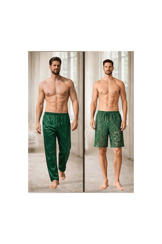 Qmen Style Erkek Kimono Takımı 3 Lü Dantel Set Bornoz + Pantolon + Şort Yeşil