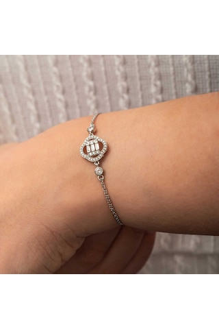 Gümüş Yonca Baget Taşlı Kadın Bileklik Gümüş