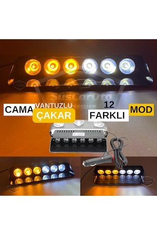 S6 Cam İçi Vantuzlu Ambulans İtfaiye Çakar Lamba İkaz Lambası 6 Ledli 12 Farklı Mod Sarı Beyaz Çakmaklık Girişli 00 Şüscaroto Aksesuar