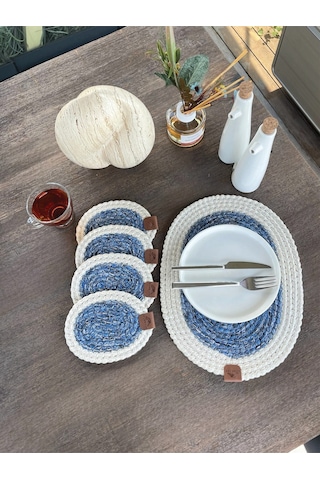 4 Adet Oval Kılfılı Bardak Altlığı- Leke Tutmaz- Beyaz-mavi 13x17 Cm Beyaz - Mavi