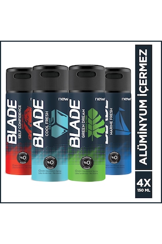 Blade Cool Fresh + Green + Marine + Self Erkek Sprey Deodorant 4 x 150 ML