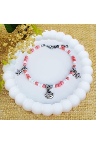 Gümüş Renk Dorika Aparat - Pembe & Beyaz Renk Deniz Temalı Kadın Halhal