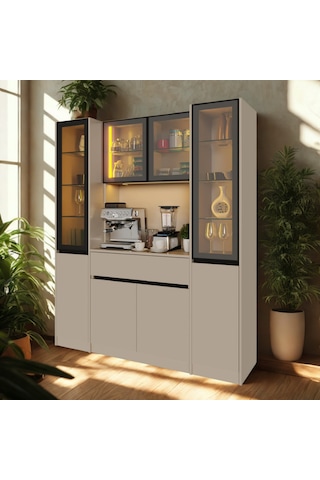 Auren Maxı Led Li Modüler Kahve Köşesi Kum Beji Mdf Kahve Dolabı, Cam Vitrinli, Geniş Depolama Alanlı Modern Kahve Istasyonu