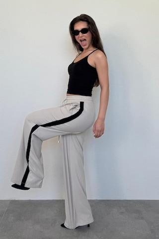 Madmext Bej Şerit Detaylı Bol Paça Kadın Pantolon Mg2441 Bej