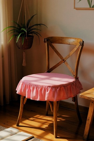 El Yapımı Yuvarlak Buldan Yıkanmıs Keten Fırfırlı Sandalye Minderi Pembe Pembe