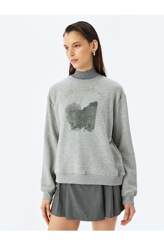 Koton Koton X Şahika Ercümen - Nakış Detaylı Baskılı Uzun Kollu Oversize Sweatshirt Gri 5wak10504ek Gri
