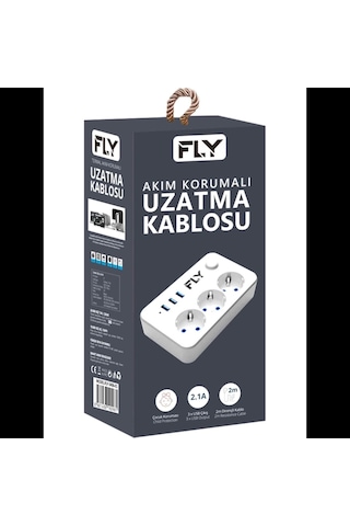 Fly 3406-01, 3 Soket, 3 Usb, Akım Korumalı Priz, 2.1a, Anahtarlı, 2mt Kablo, Beyaz