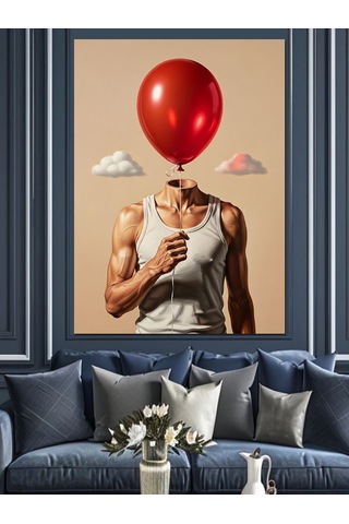 Ahşap Tablo Kırmızı Balon Kafalı Genç Adam İllüstrasyonu