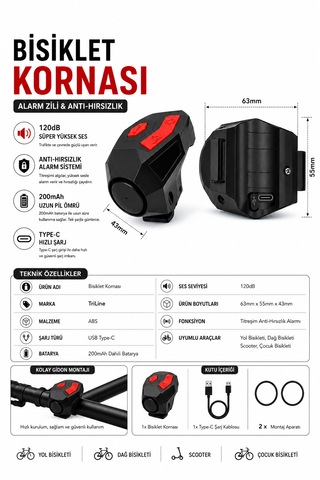 Kenly 20 Db Usb Şarjlı Bisiklet Kornası Alarm Zili Anti Hırsızlık Elektrikli Korna Scooter Uyumlu Siyah