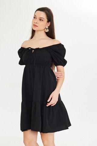 Beli Lastikli Buzgulu Poplin Elbise Siyah