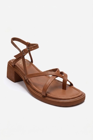 Luvishoes Cırelle Taba Hakiki Deri Parmak Arası Kadın Kalın Topuklu Sandalet