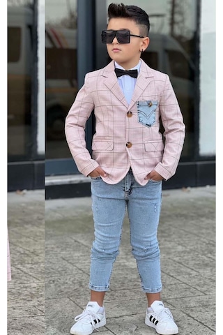 Riccotarz Erkek Çocuk Çizgili Blazer Ceket Kot Pantolon Pudra Şeker Alt Üst Takım Pembe