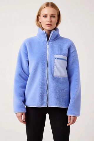 Benerly Kadın Dik Yaka Düşük Kol Tam Fermuarlı Peluş Sweatshirt Fonksiyon Açık Mavi
