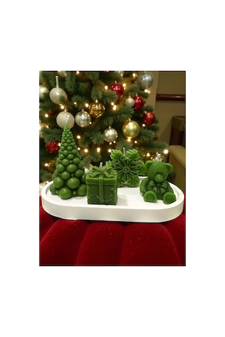 Yılbaşı Chrismas Noel Dekoratif Mum Seti 5 Li Çam Ağacı, Ayıcık, Hediye Kutusu, Kartanesi,tabak