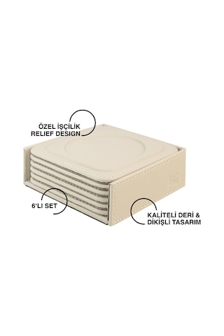 Bardak Altlığı,6 Lı Set,masaüstü Yuvarlak Cup Coaster,vegan Suni Deri,11x11 Cm.,bej Bej