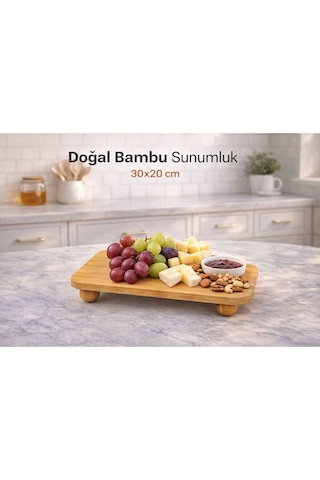Bambu Top Mantar Ayaklı Dikdörtgen Sunumluk 20x30 Cm Şık Pasta & Tatlı Servis Tabağı Kahverengi