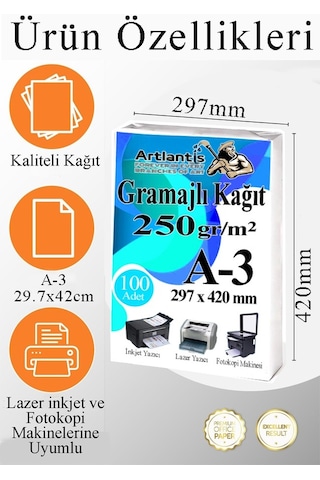 A3 Gramajlı Fotokopi Kağıdı 50 Adet 250 Gr Sertifika Kağıdı Kalın Kağıt Baskı Tüm Yazıcılara Uyumlu 29,7x42cm Ofis Büro