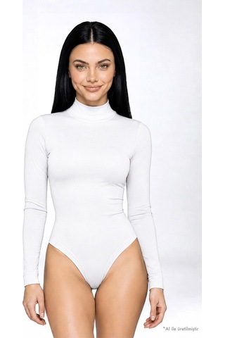 Cottonhıll Premium - Drape Collection Beyaz Viskon Balıkçı Yaka Uzun Kollu Çıtçıtlı Kadın Bodysuit