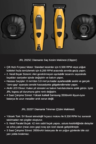 Jrl Diamante Collection Profesyonel Saç Kesim Ve Çizim 8200 Rpm Tıraş Makinesi Seti Sarı